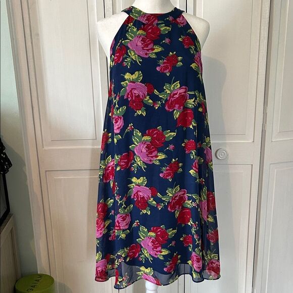 Y2K BETSEY JOHNSON Women's FLORAL HALTER TRAPEZE DRESS Size 4 - Picture 1 of 9